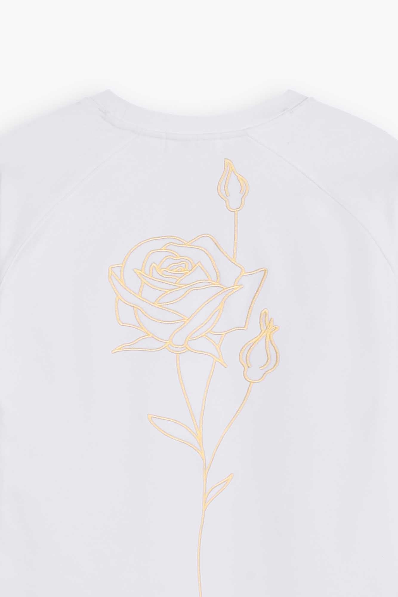 Sweat blanc col rond brodé "Roses"