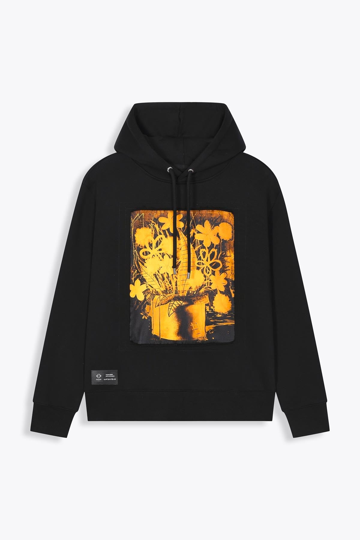 Hoodie noir avec patch soie "Yellow flowers"