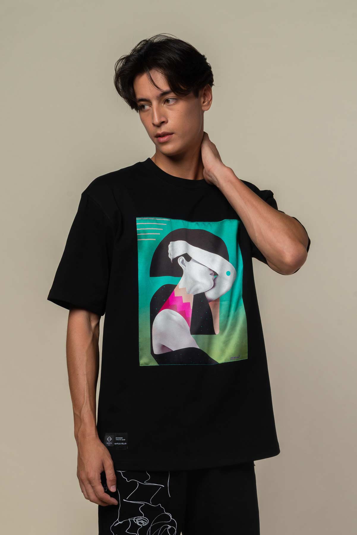 T-Shirt noir Oversized patch soie "Geisha"