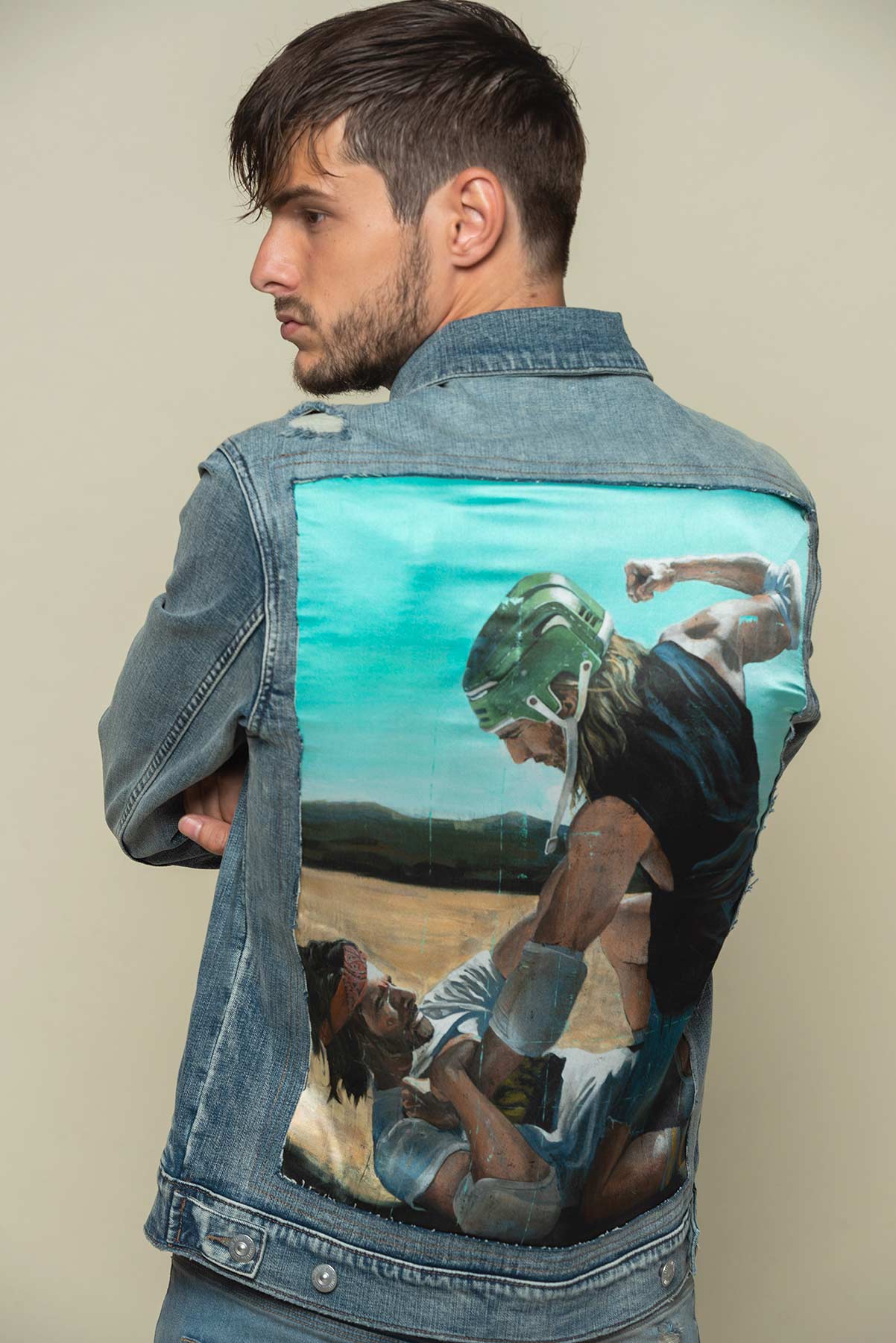 Veste en Jean avec patch en soie "Fight for Territory"