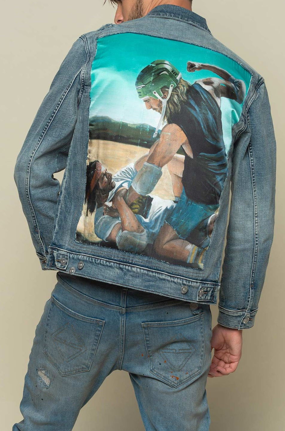 Veste en Jean avec patch en soie "Fight for Territory"