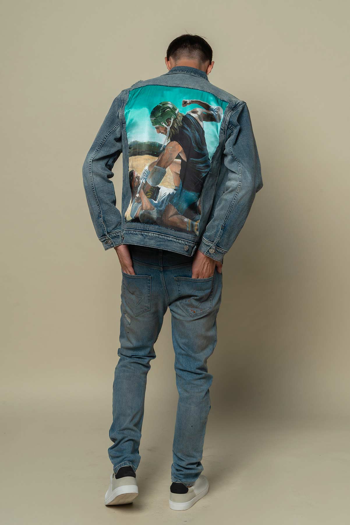 Veste en Jean avec patch en soie "Fight for Territory"