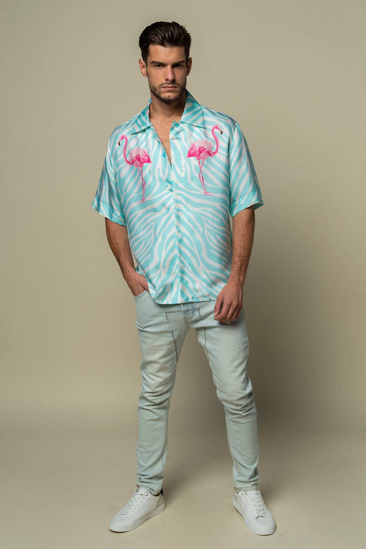 Chemise soie Homme manches courtes "Miami Flamingo"