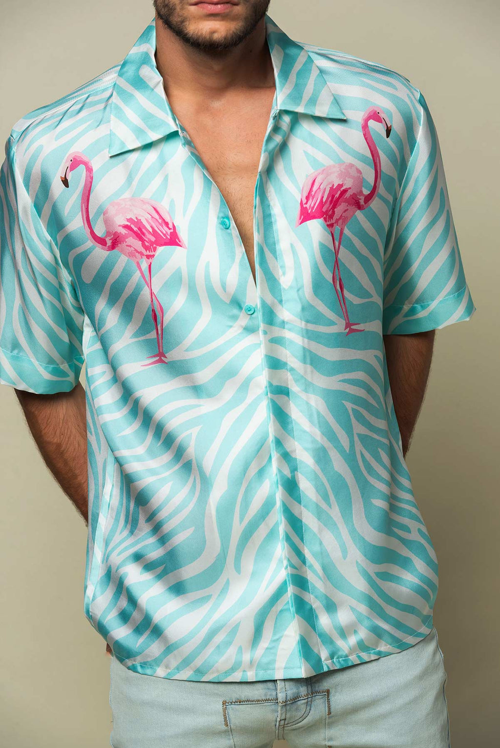 Chemise soie Homme manches courtes "Miami Flamingo"
