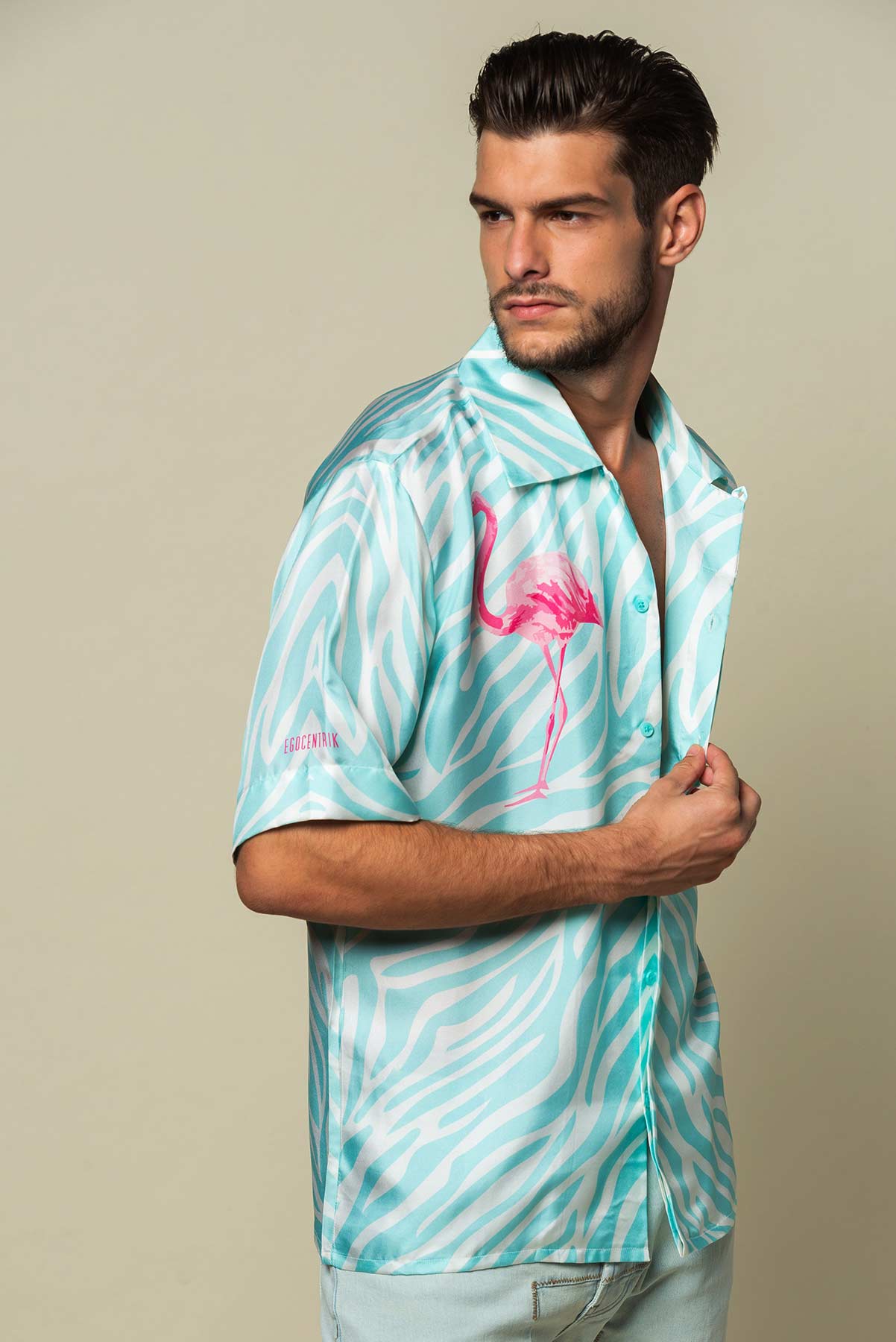 Chemise soie Homme manches courtes "Miami Flamingo"