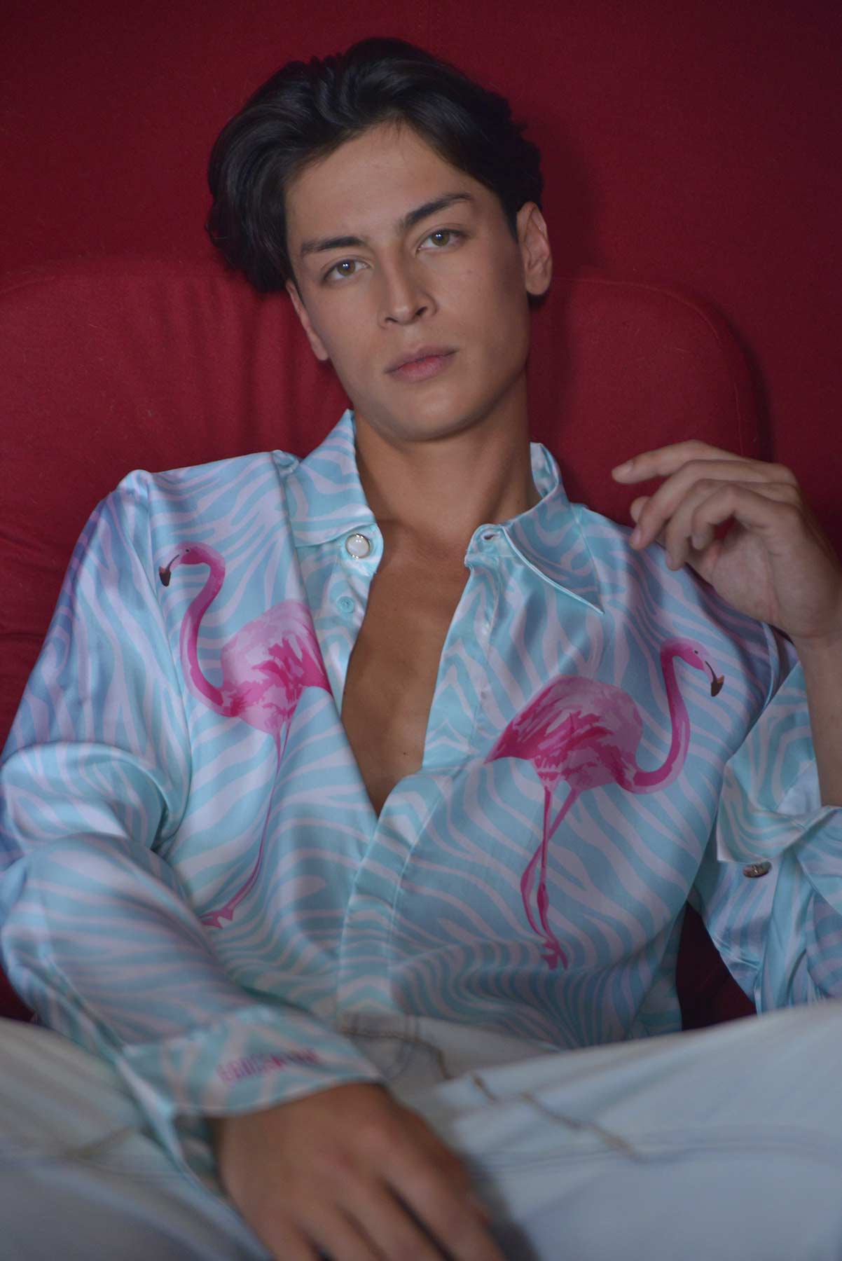 Chemise en soie manches longues "Miami Flamingo"