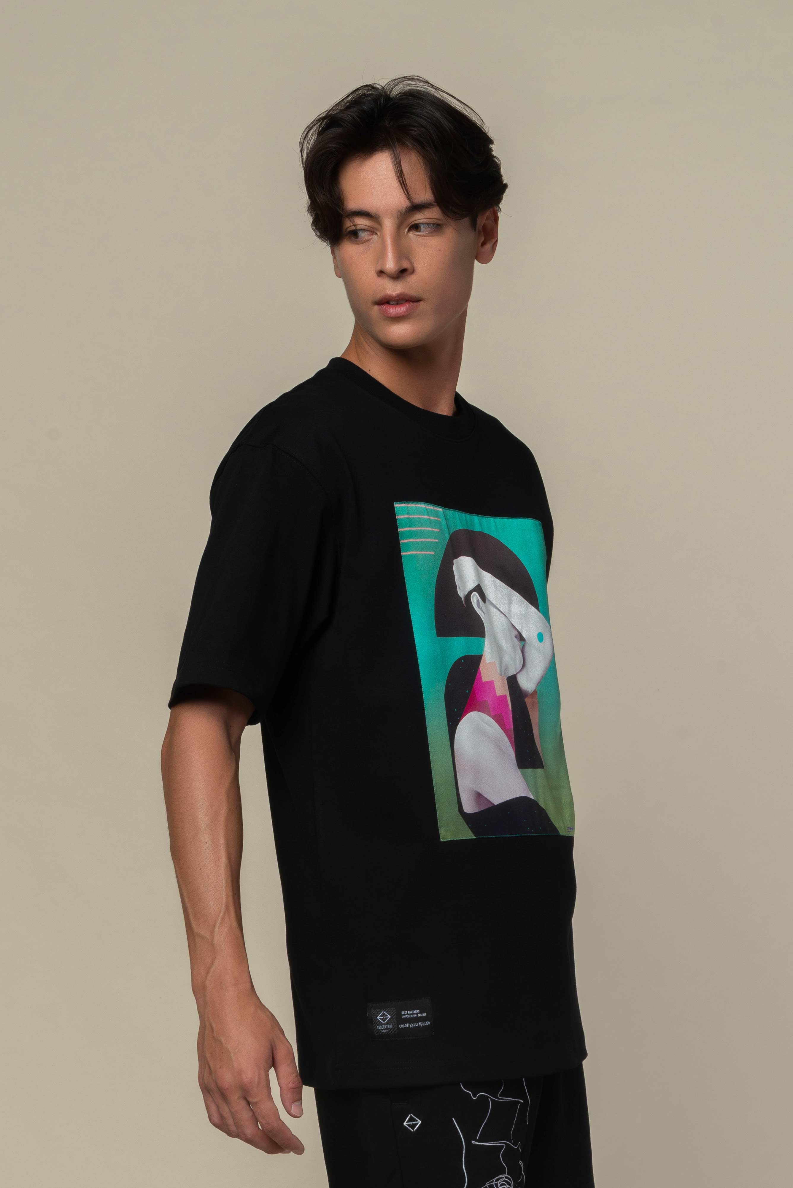 T-Shirt noir Oversized patch soie "Geisha"
